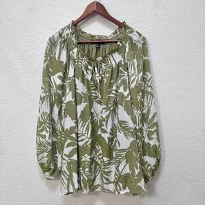 Harper 241‎ Olive Green Tropical Palm Print Smocked Blouse 3X Resort Vacation